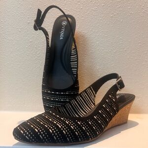 VIVAIA Tamia Almond Toe Slingback  Wedge Sandals in Black Crochet Size 8.5 (39)